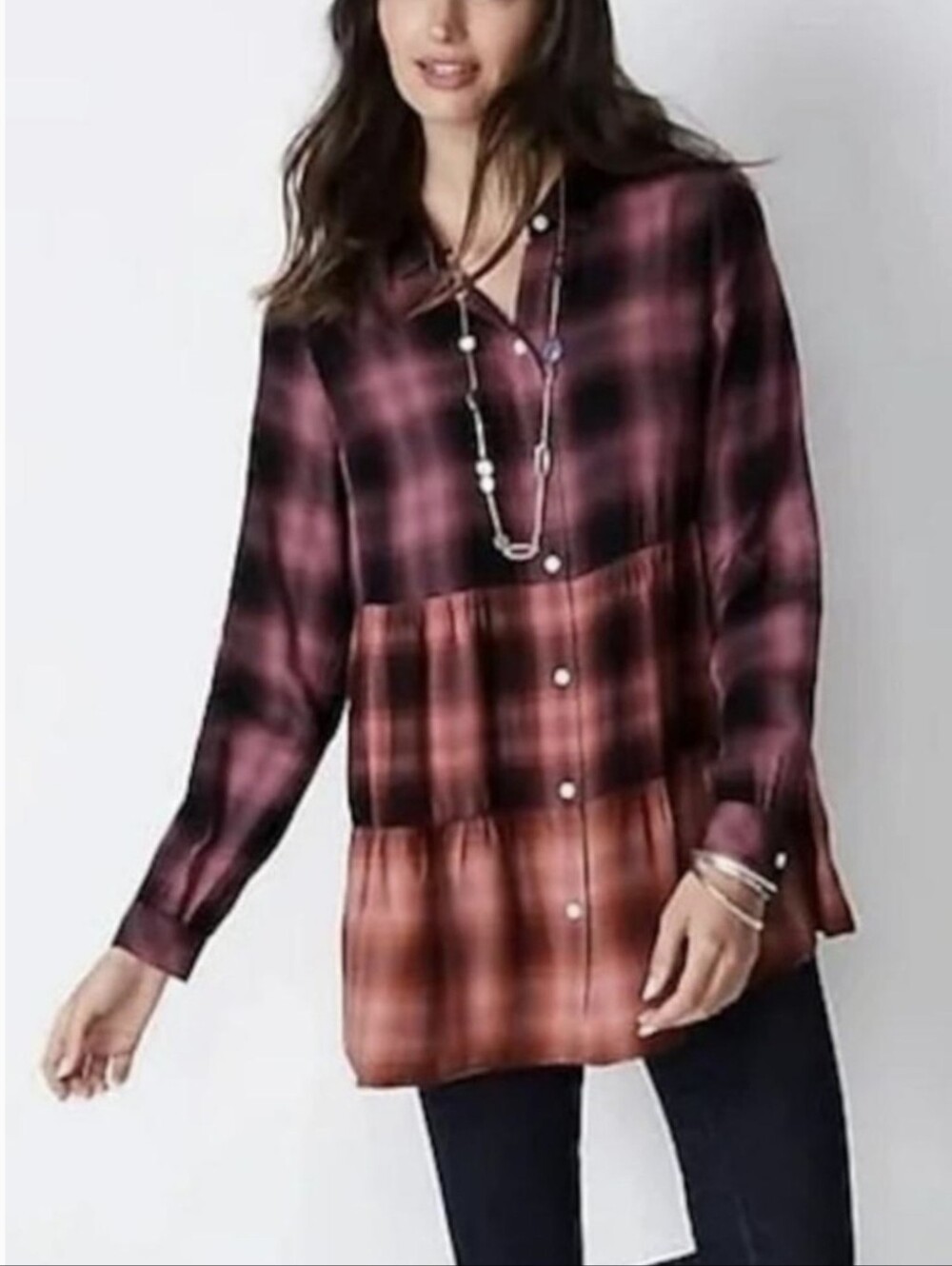 J. Jill Pink Rust Ombre Plaid Tiered Button-Down Blouse Tunic Soft Flowy Sz M